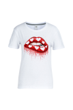 T-shirt con scollo a V patchwork stampate labbra bianche