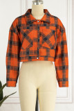 Tangerine Red Casual Plaid Print Patchwork Buckle Turndown Collar Outerwear
