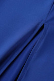 Robes de robe longues à col en V et à fente en patchwork bleu sexy