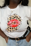 White Street Lips Printed Patchwork O Neck T-shirts