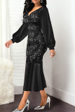 Zwarte elegante effen pailletten patchwork V-hals trompet zeemeermin jurken