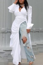 Weiß Sexy Solid Schlitz Falten V-Ausschnitt Langarm Kleider in Übergröße