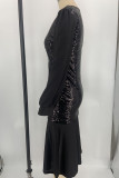 Burgundy Elegant Solid Sequins Patchwork V Neck Trumpet Mermaid Dresses