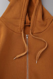 Dark Brown Casual Solid Patchwork Zipper Hooded Collar Long Sleeve Two Pieces