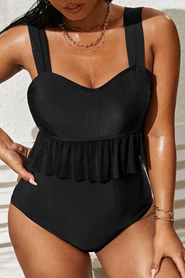 Zwarte Sexy Solid Backless Plus Size Zwemkleding (Met Paddings)