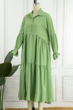 Fruta Verde Casual Solid Patchwork Fivela Dobra Gola Desligada Camisa Vestido Vestidos (Sem Cinto)