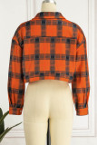 Tangerine Red Casual Plaid Print Patchwork Buckle Turndown Collar Outerwear