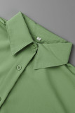Fruta Verde Casual Solid Patchwork Fivela Dobra Gola Desligada Camisa Vestido Vestidos (Sem Cinto)