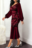 Burgundy Elegant Solid Sequins Patchwork V Neck Trumpet Mermaid Dresses