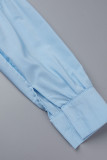 Blu cielo casual tinta unita patchwork fibbia piega risvolto colletto camicia abito abiti (senza cintura)