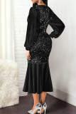 Zwarte elegante effen pailletten patchwork V-hals trompet zeemeermin jurken