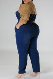 Deep Blue Casual Solid Patchwork Buckle Turndown Collar Plus Size Jumpsuits