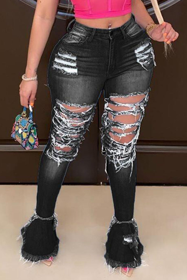 Zwarte Street Solid gescheurde patchwork grote maten jeans