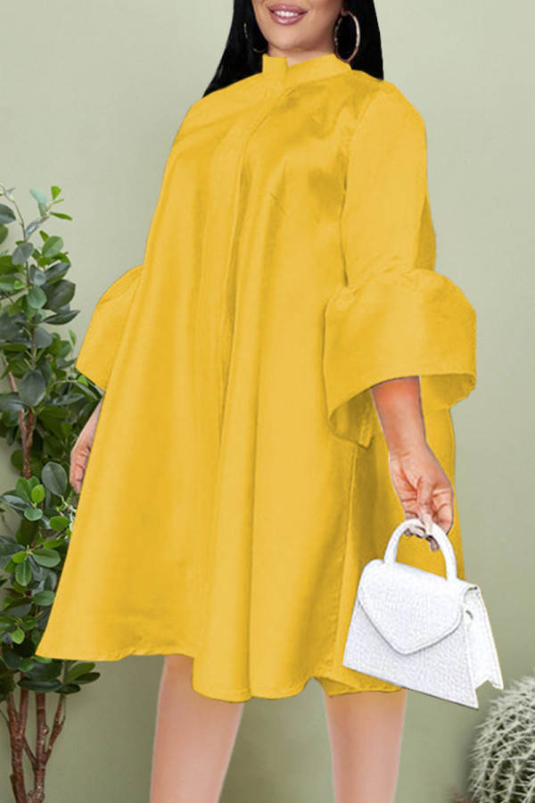 Gelbe, lässige, elegante, solide Patchwork-Schnalle A-Linie Kleider in Übergröße