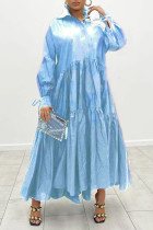 Небесно-голубые повседневные однотонные платья-рубашки в стиле пэчворк с отложным воротником и пряжкой (без пояса)