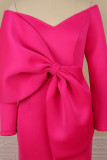 Rose Red Elegant Solid Patchwork With Bow V Neck Straight Plus Size Dresses