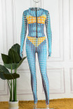 Yellow Sexy Street Print Patchwork Hooded Collar Skinny Jumpsuits