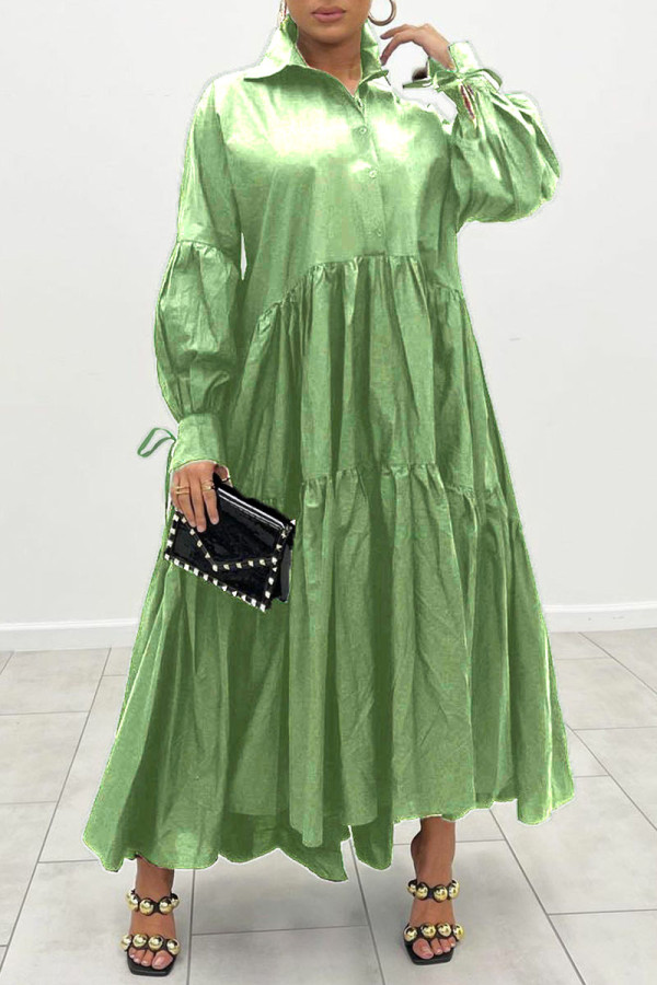 Фруктово-зеленые повседневные однотонные платья-рубашки в стиле пэчворк с отложным воротником и пряжкой (без пояса)