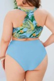 Lake Blue Sexy Print Backless Spaghetti Strap Plus Size Swimwear (With Paddings)