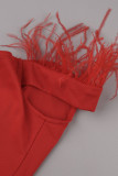Röd Sexig Solid Patchwork Fjädrar V-hals Aftonklänning Klänningar