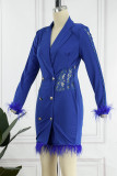 Синие повседневные однотонные платья в стиле пэчворк с отложным воротником и длинными рукавами