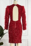 Burgundy Sexy Solid Sequins Patchwork Feathers Backless Half A Turtleneck One Step Skirt Dresses