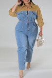 Light Blue Casual Solid Patchwork Buckle Turndown Collar Plus Size Jumpsuits
