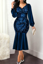 Blauwe elegante effen pailletten patchwork V-hals trompet zeemeermin jurken