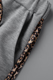 Negro Estampado sexy Leopardo Patchwork Cremallera Cuello con capucha Manga larga Dos piezas