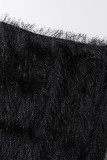 Col Oblique Patchwork Solide Noir Sexy Sans Manches Deux Pièces