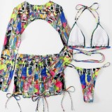Black White Sexy Print Bandage Hollowed Out Draw String Swimsuit Four Piece Set (With Paddings)