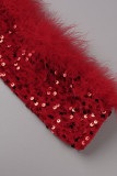 赤のセクシーな無地スパンコール パッチワーク フェザー バックレス ハーフ タートルネック ワンステップ スカート ドレス