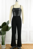 Black Sexy Solid Sequins Patchwork Spaghetti Strap Straight Jumpsuits