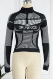 Tops à col zippé patchwork imprimés de vêtements de sport décontractés noirs