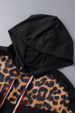 Stampa casual nera Stampa mimetica leopardata Patchwork Colletto con cappuccio Manica lunga Due pezzi