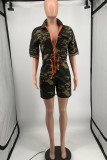 Camouflage Casual Print Patchwork Zipper Turndown Collar Plus Size Jumpsuits