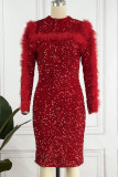 赤のセクシーな無地スパンコール パッチワーク フェザー バックレス ハーフ タートルネック ワンステップ スカート ドレス