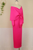 Rosa rojo elegante sólido patchwork con lazo cuello en V recto vestidos de talla grande