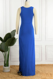 Blauwe sexy effen patchwork spleet v-hals lange jurk jurken