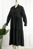 Черное повседневное однотонное платье-рубашка в стиле пэчворк с отложным воротником и пряжкой (без пояса)