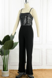 Black Sexy Solid Sequins Patchwork Spaghetti Strap Straight Jumpsuits