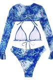 Conjunto de tres piezas de traje de baño sin espalda de vendaje con estampado sexy azul (con rellenos)