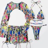 Multicolor Sexy Print Bandage Hollowed Out Draw String Swimsuit Four Piece Set (With Paddings)