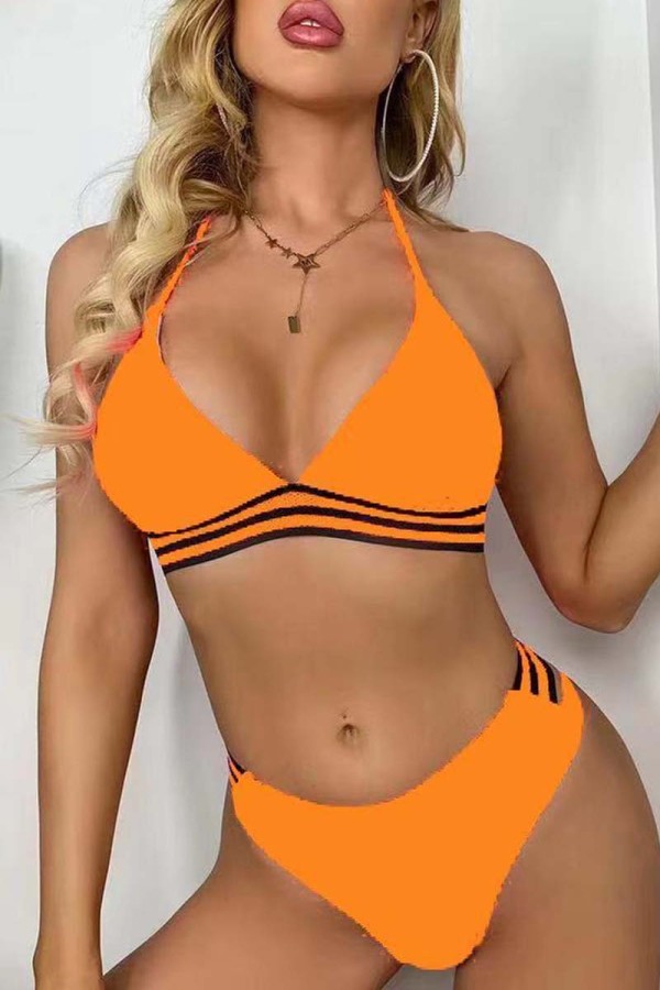Оранжевый Сексуальный однотонный купальник в стиле пэчворк с открытой спиной (с прокладками)