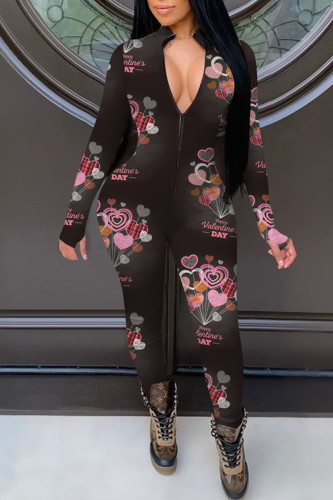 Black Casual Print Patchwork Zipper Skinny Jumpsuits