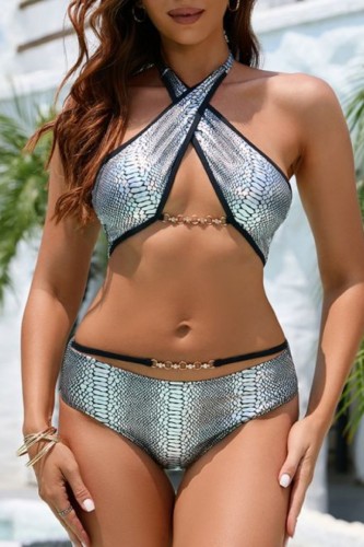 Silver Sexy Print Hollowed Out Backless Swimwears (With Paddings)