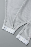 Bodysuits magros de gola com zíper de retalhos sólidos sexy prateados