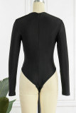Bodysuits magros pretos sexy sólidos patchwork com zíper e gola