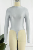 Bodysuits magros de gola com zíper de retalhos sólidos sexy prateados