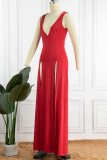 Rote sexy feste Patchwork-Schlitz-V-Ausschnitt-lange Kleid-Kleider